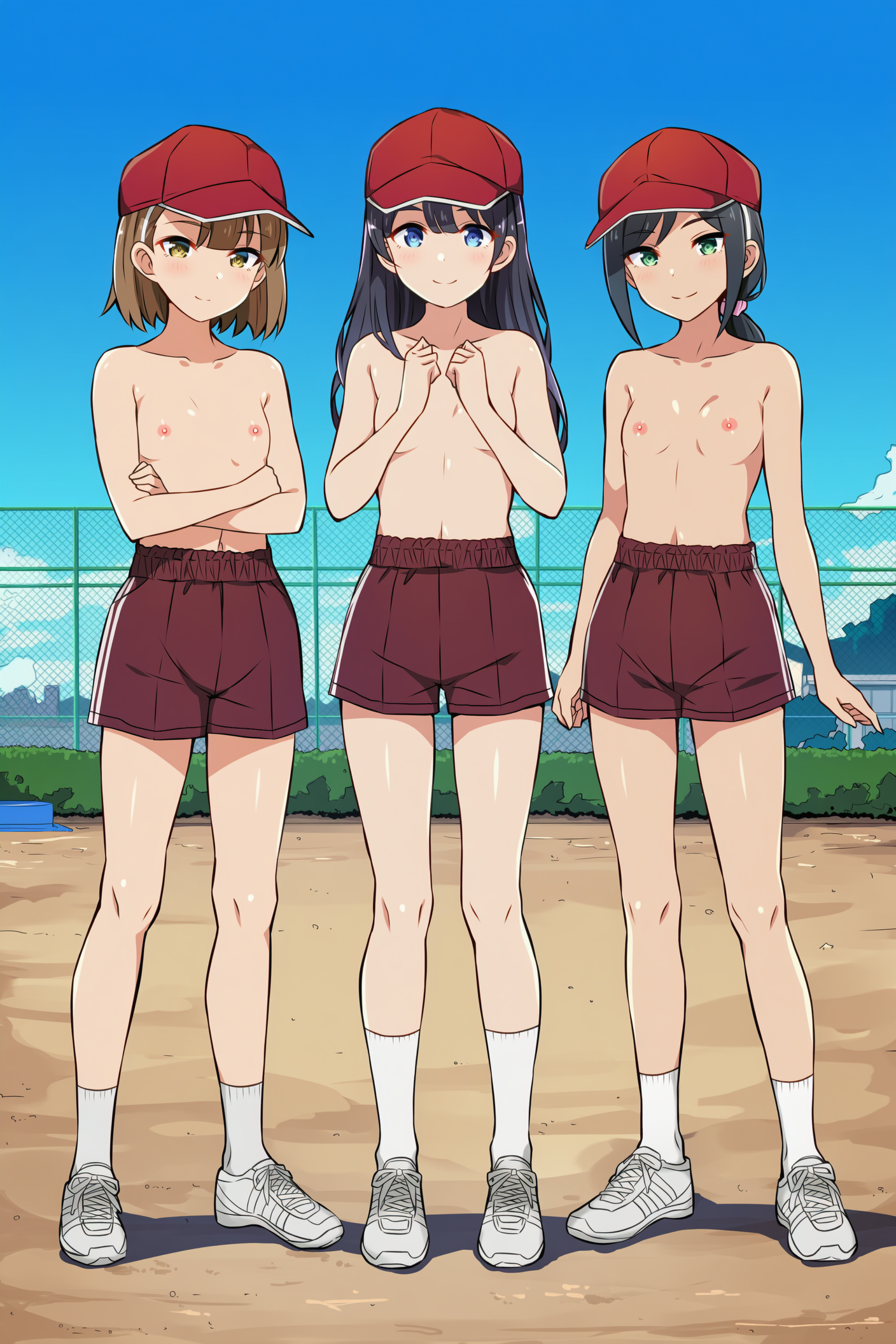 赤白帽+上半身裸+体操着の短パンの女子