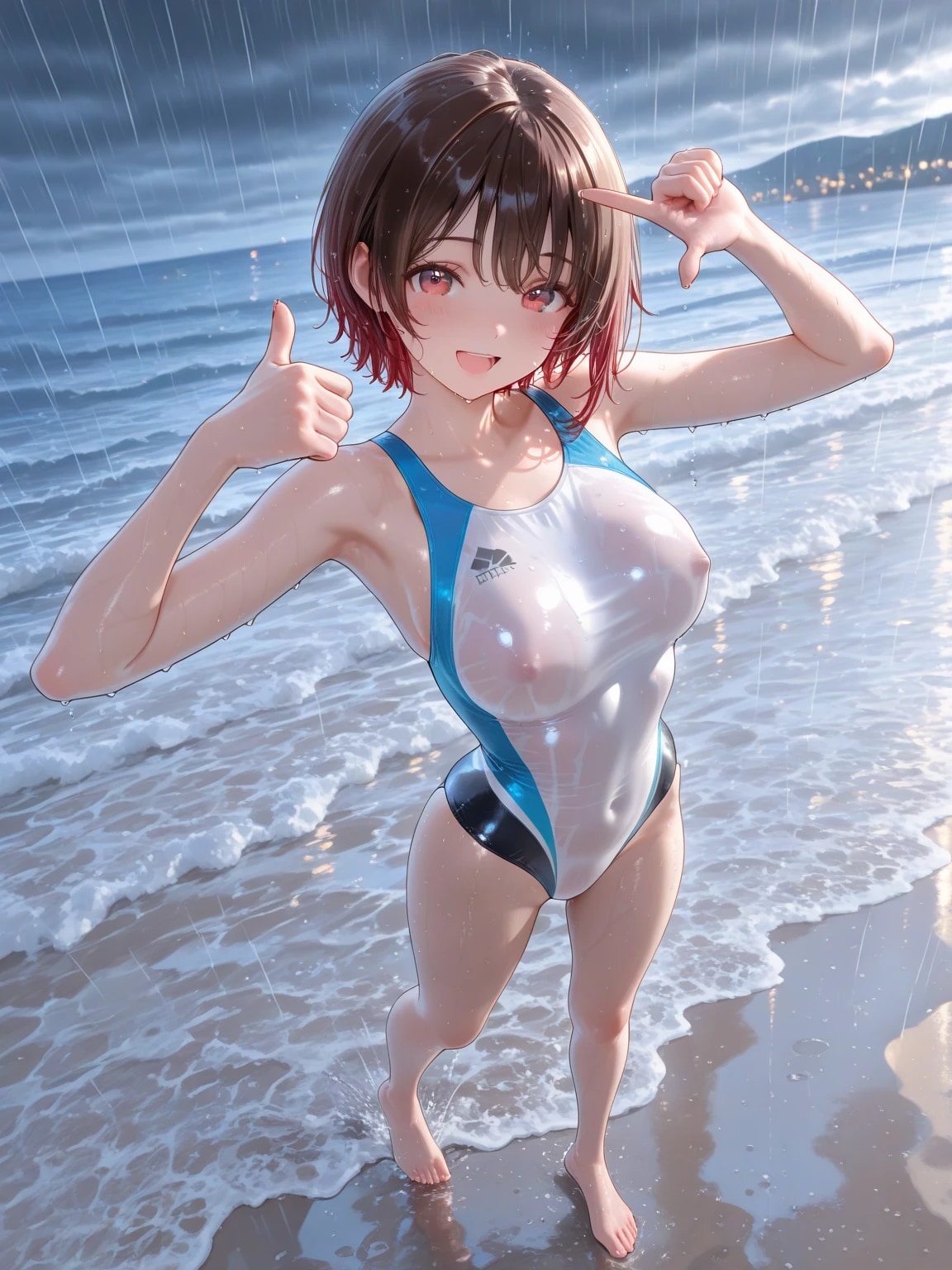 雨の浜辺でポーズ