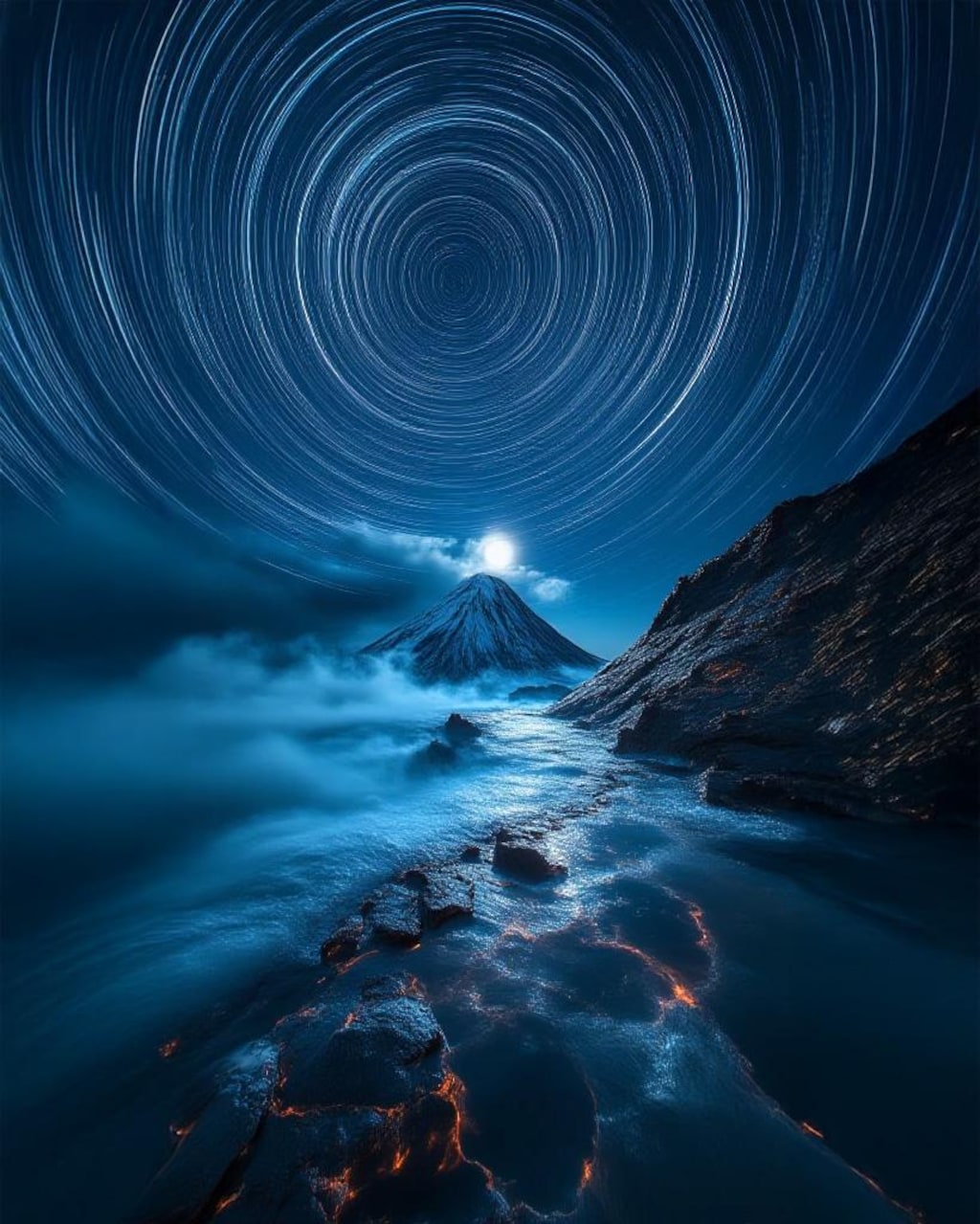 活火山に登る月