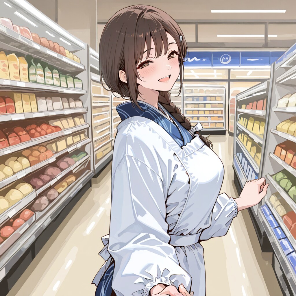 割烹着の妻　夫とお買い物　こっち来て