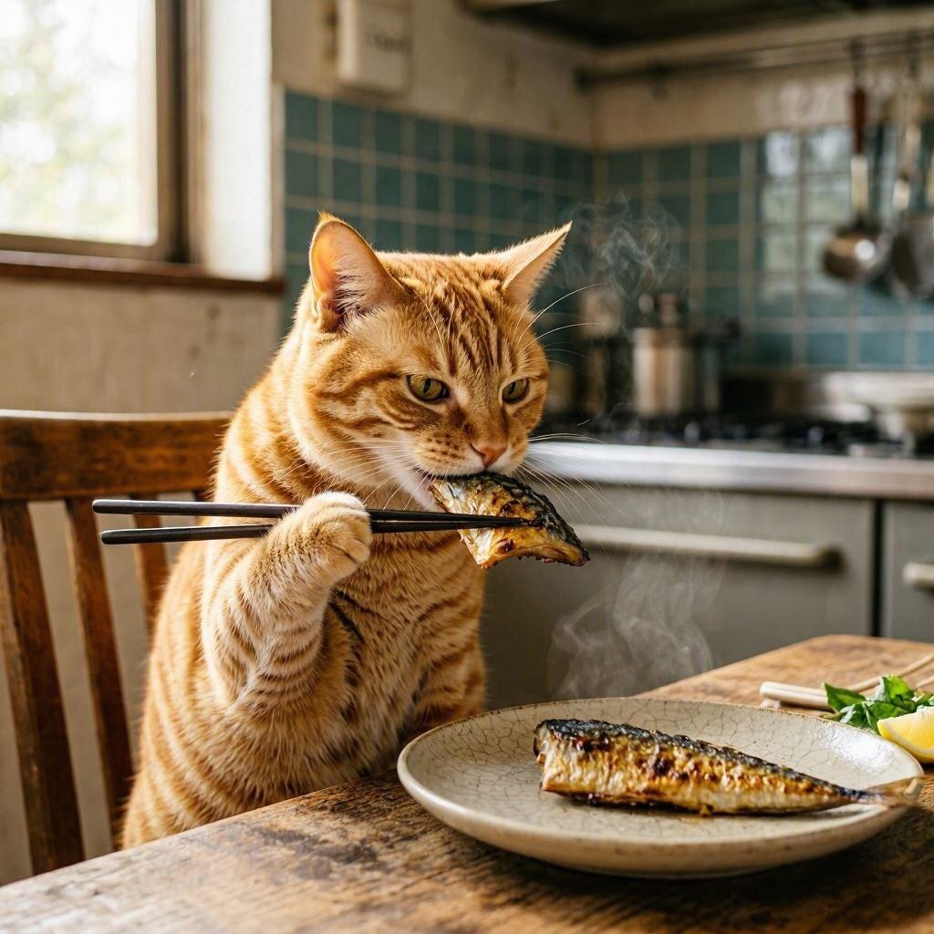 魚を焼く猫