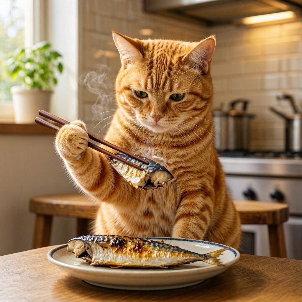 魚を焼く猫