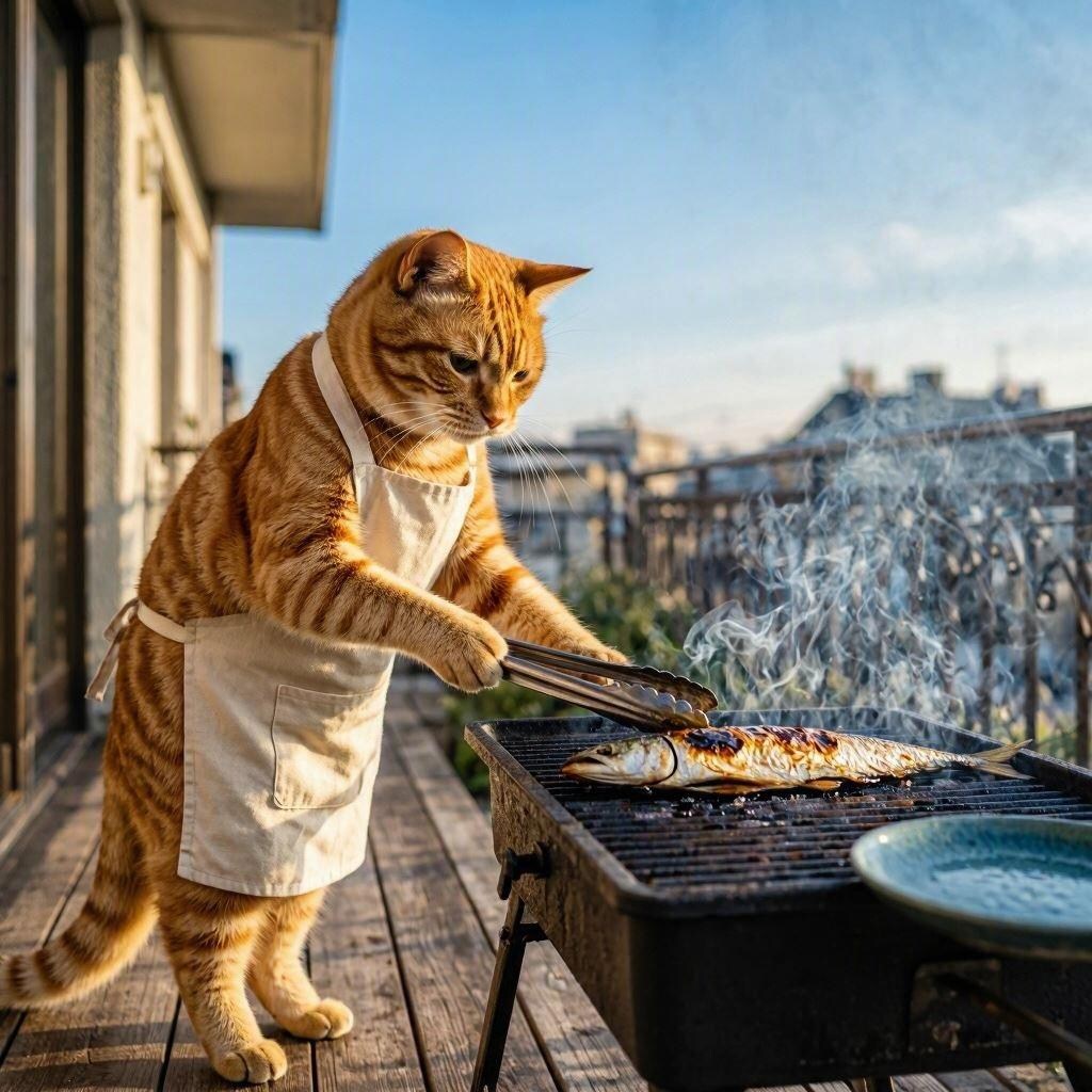 魚を焼く猫