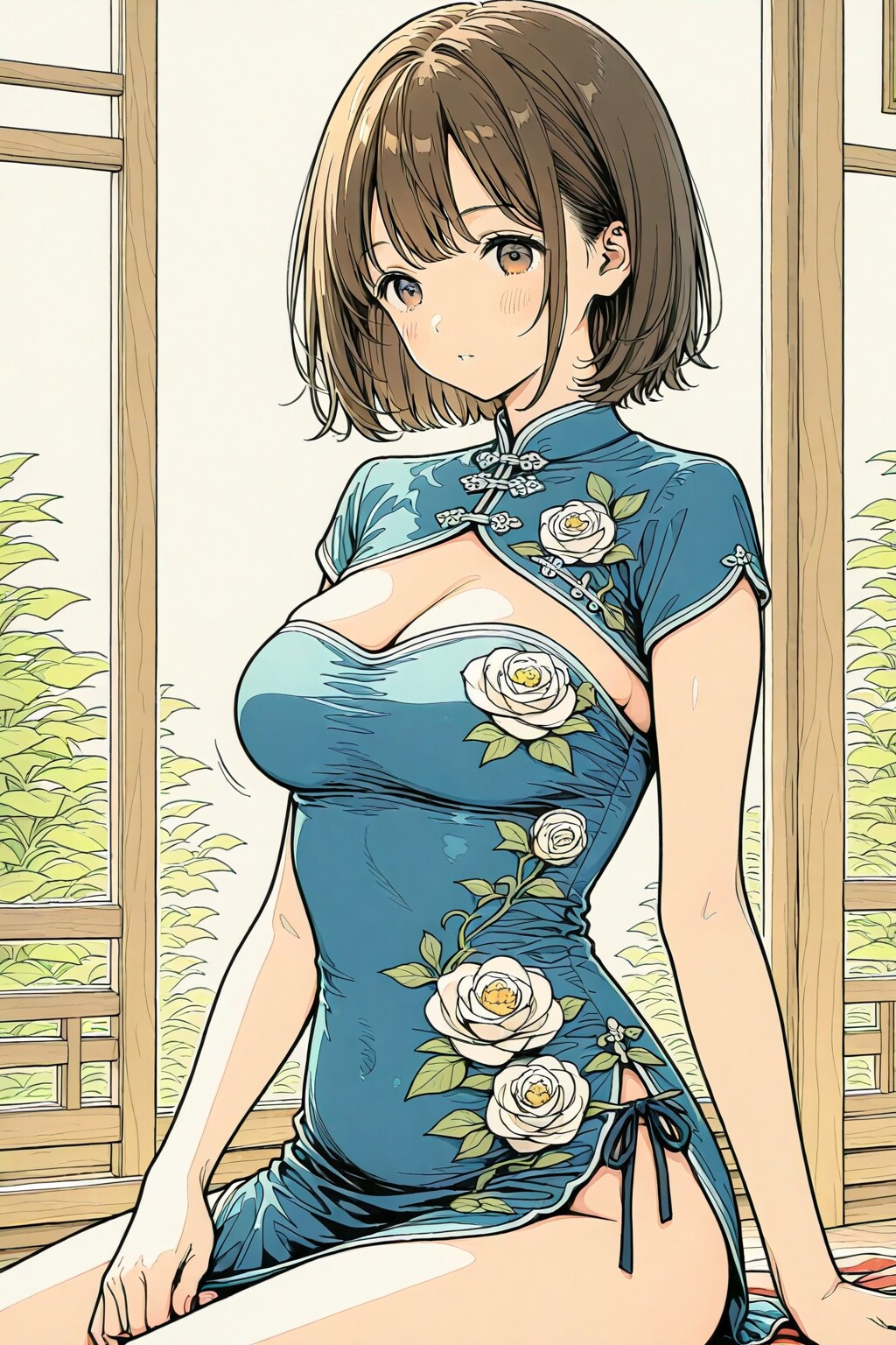 芸術品の様に素晴らしい旗袍を着た妙齢の美女の全身を細筆で繊細に描いた芸術画