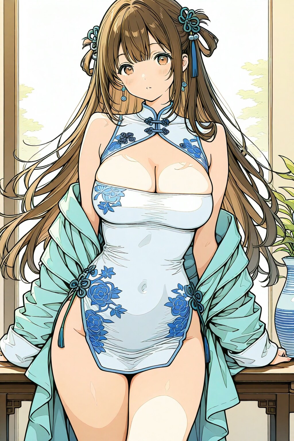 芸術品の様に素晴らしい旗袍を着た妙齢の美女の全身を細筆で繊細に描いた芸術画