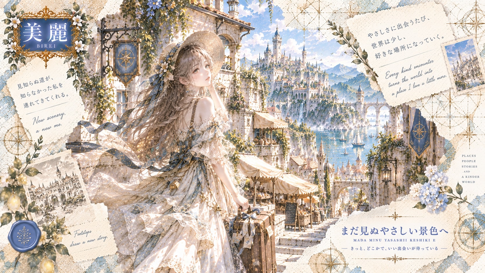 Journey to a Gentle Harbor Town  New scenery. A new me.  With a suitcase at her side and sunlight in | の人気AIイラスト・グラビア