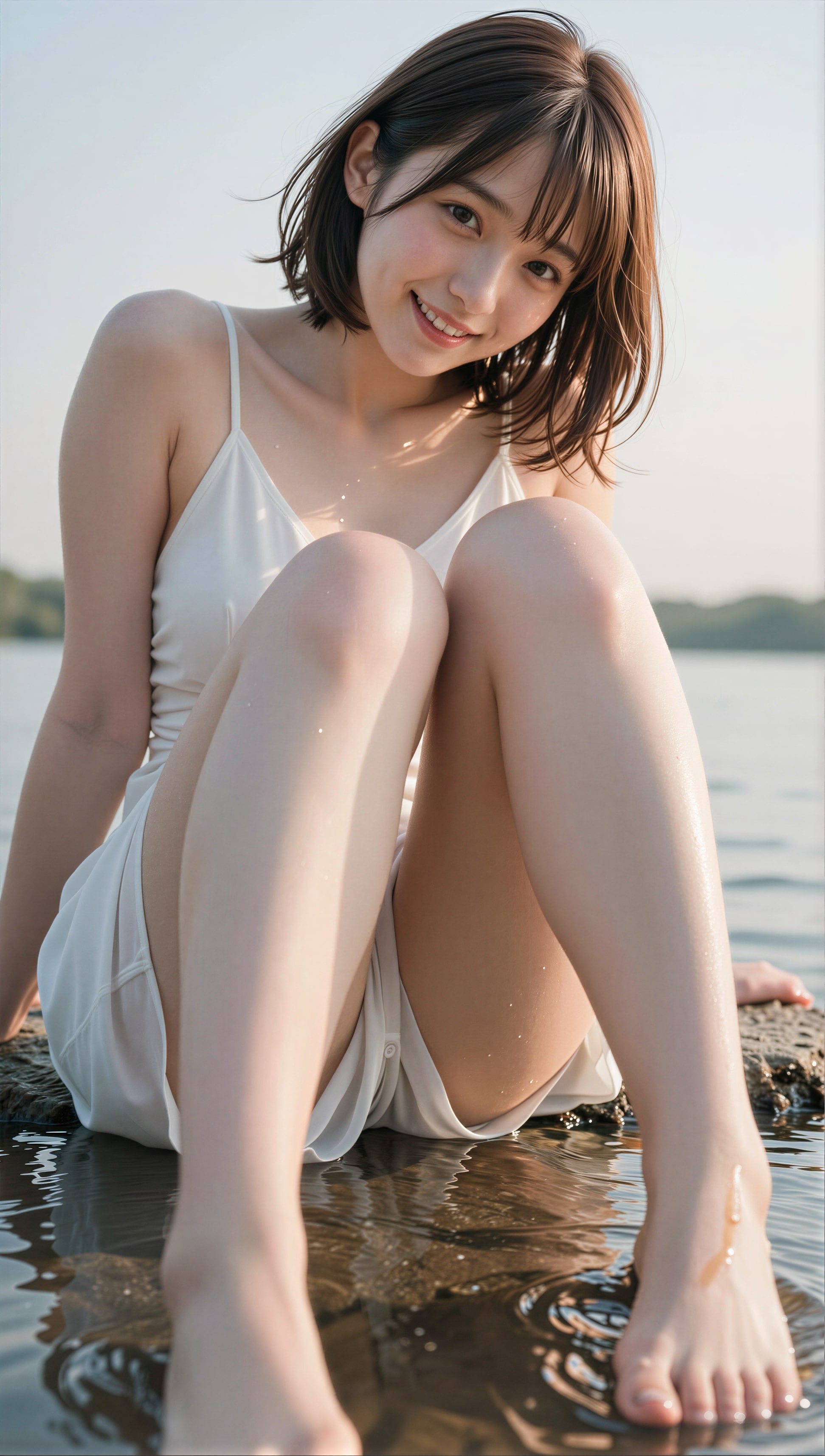 水辺に座る女性