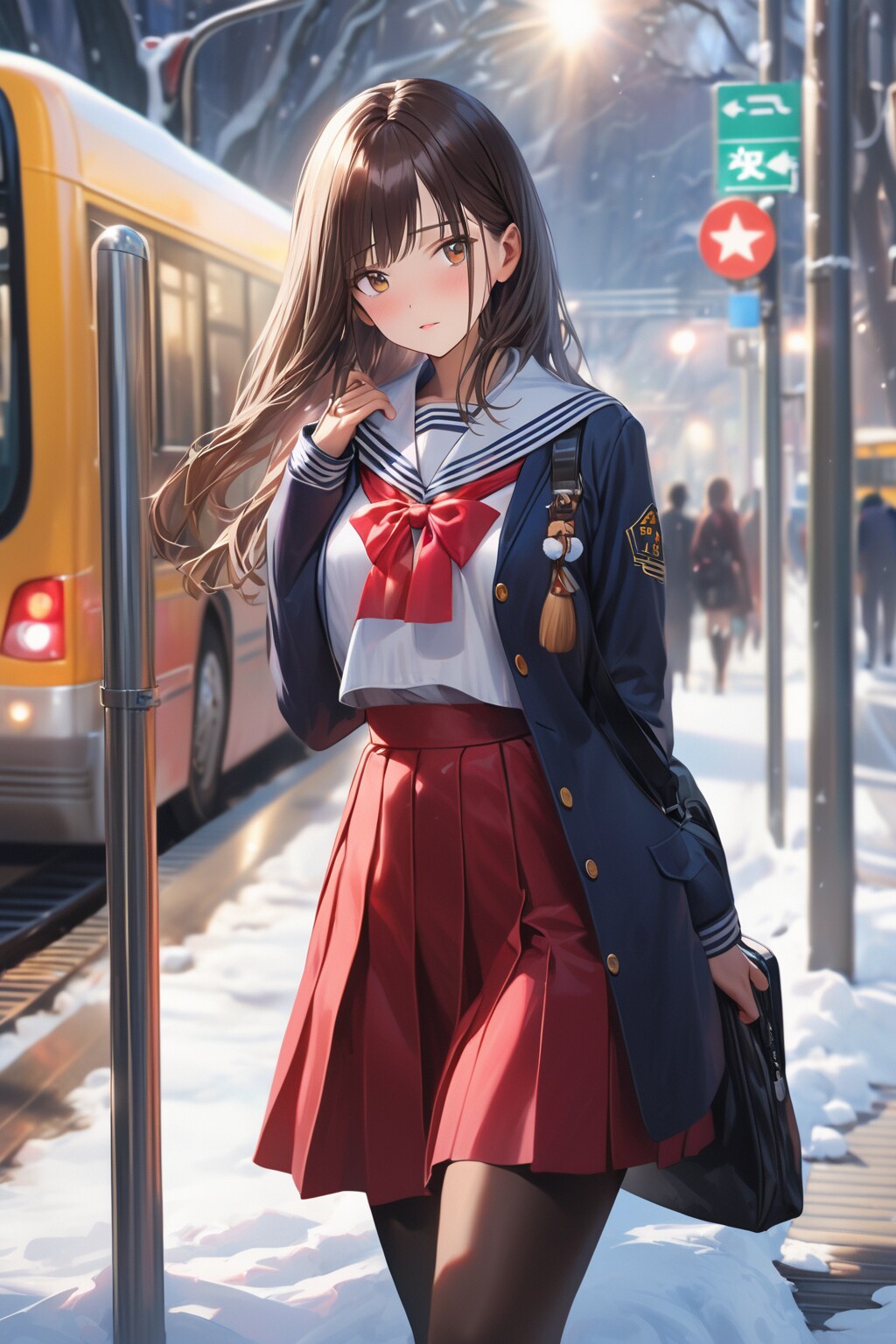 バス停で寒そうにバスを待つ少女(ロングスカートでは脚を上手く書けないAI) | の人気AIイラスト・グラビア