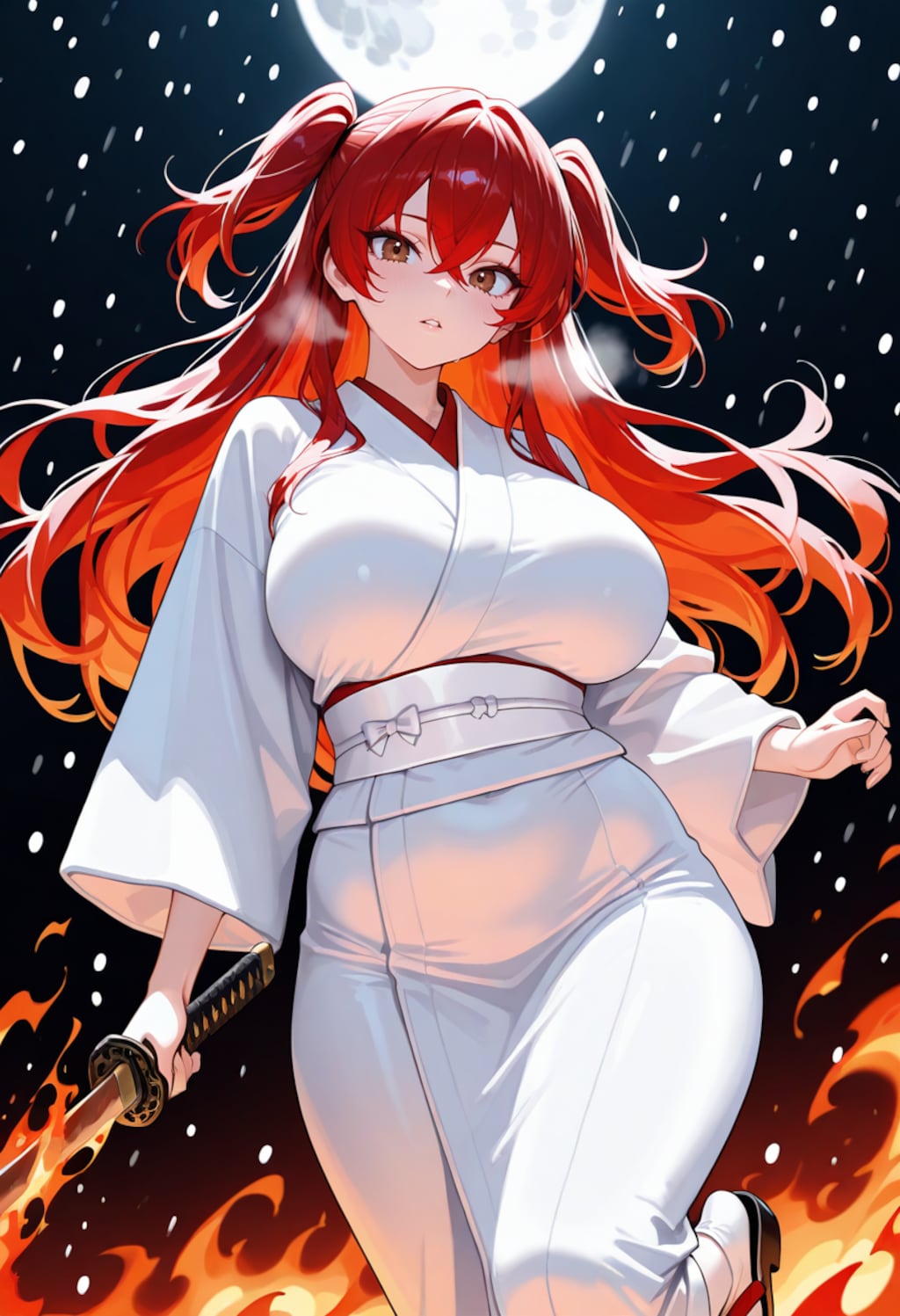 白装束と満月と火焔