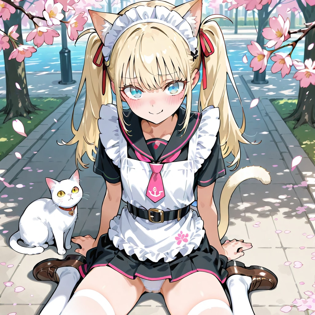 桜の木の下に座る猫耳メイド莉奈ちゃん♡ 白ニーハイがたまらない🌸