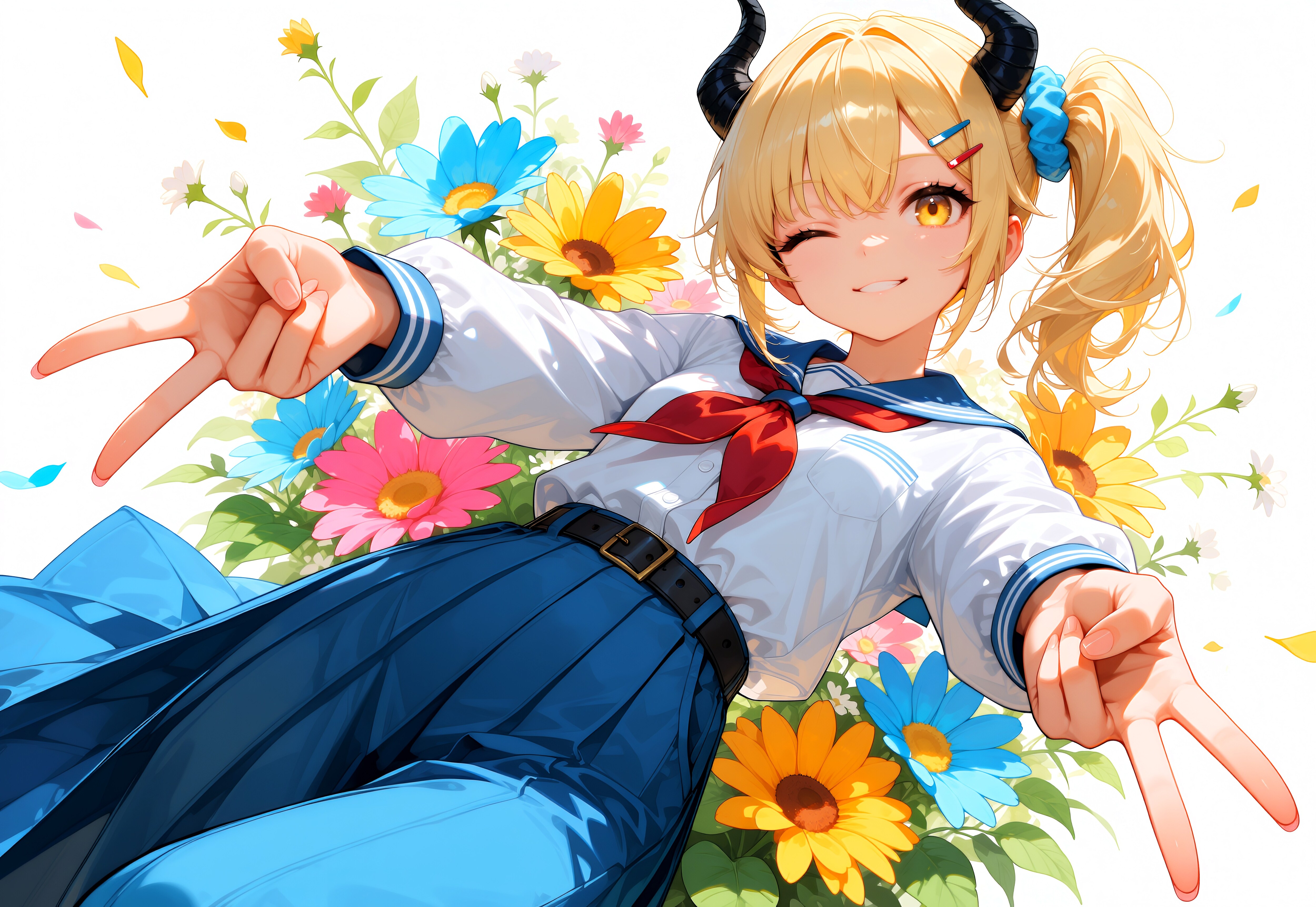 花を背負ってギャルピース女鬼高生さん | の人気AIイラスト・グラビア