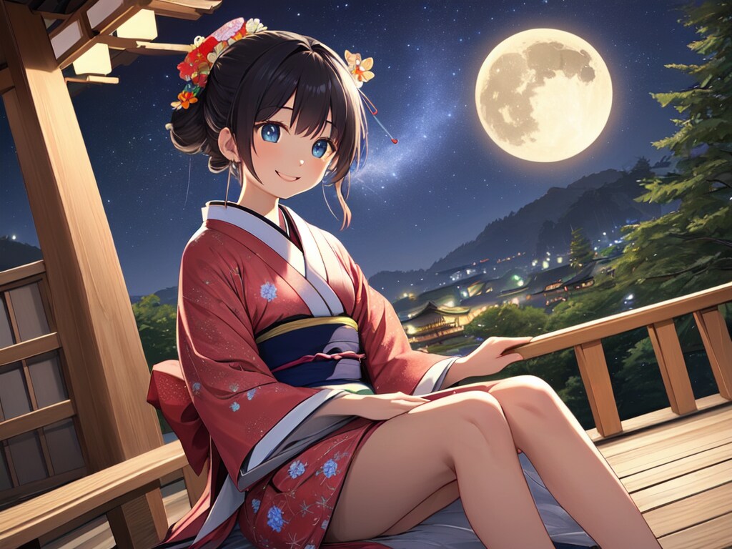 着物を着てお月見