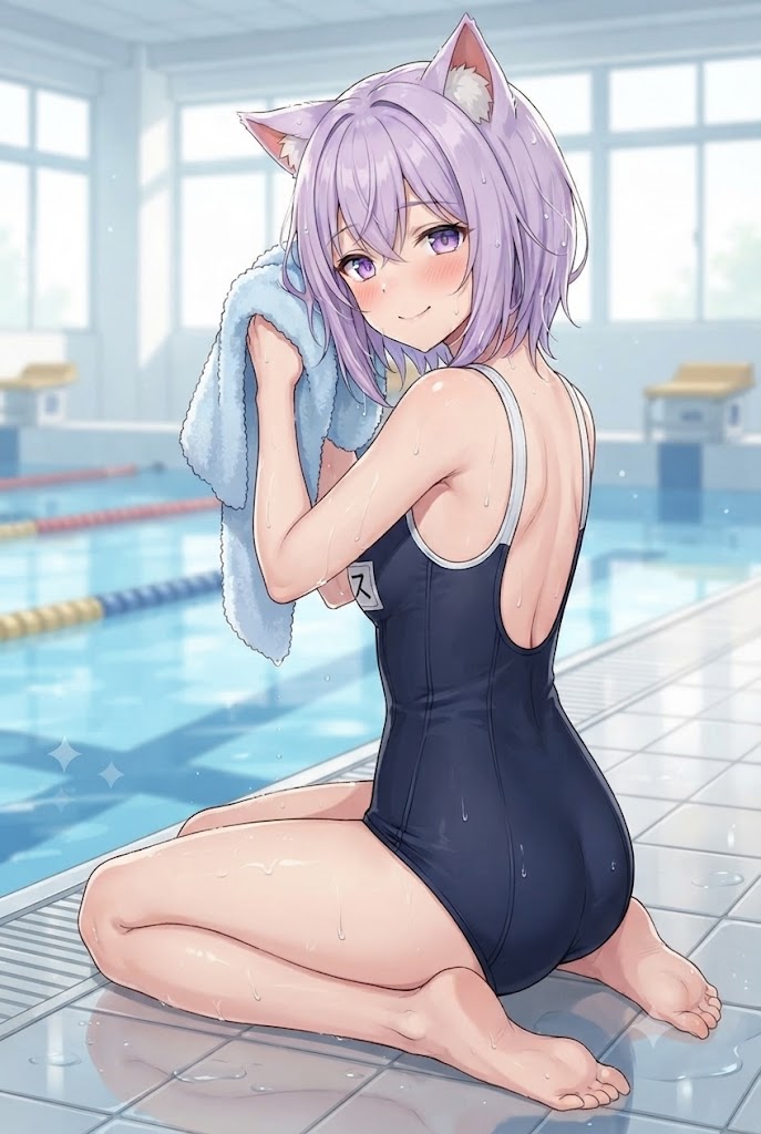 髪をタオルで拭くスク水のシス