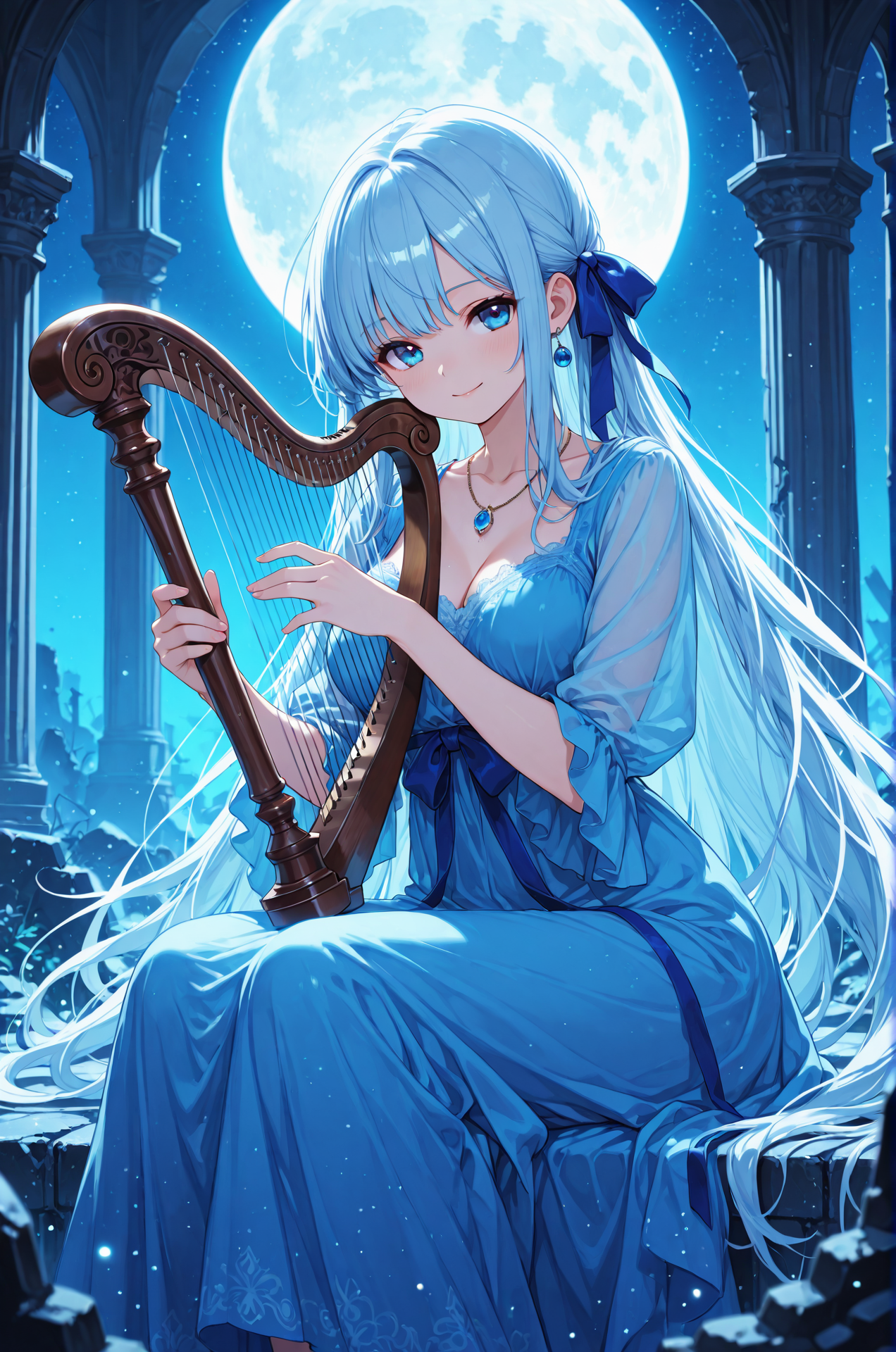 満月の夜に竪琴を奏でる優葵ちゃん