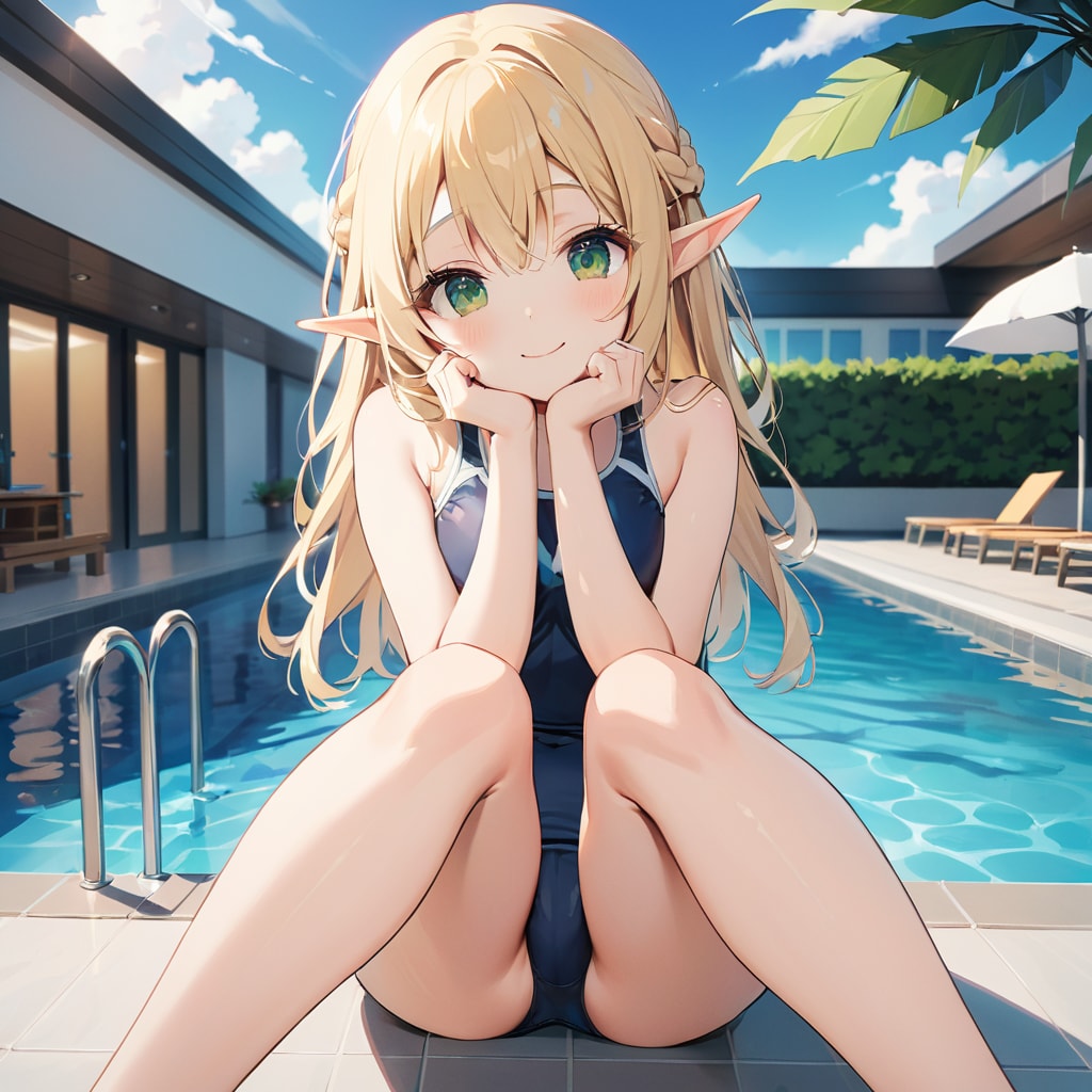 プールサイドとスク水エルフちゃん