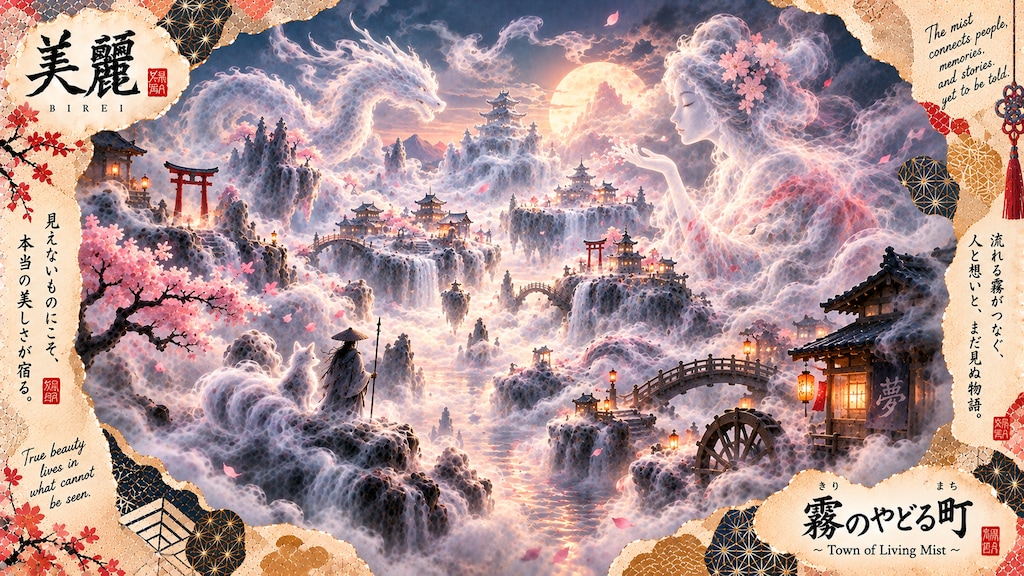 A mist-formed goddess and her dragon watching over a whole town woven from cloud and lantern light.