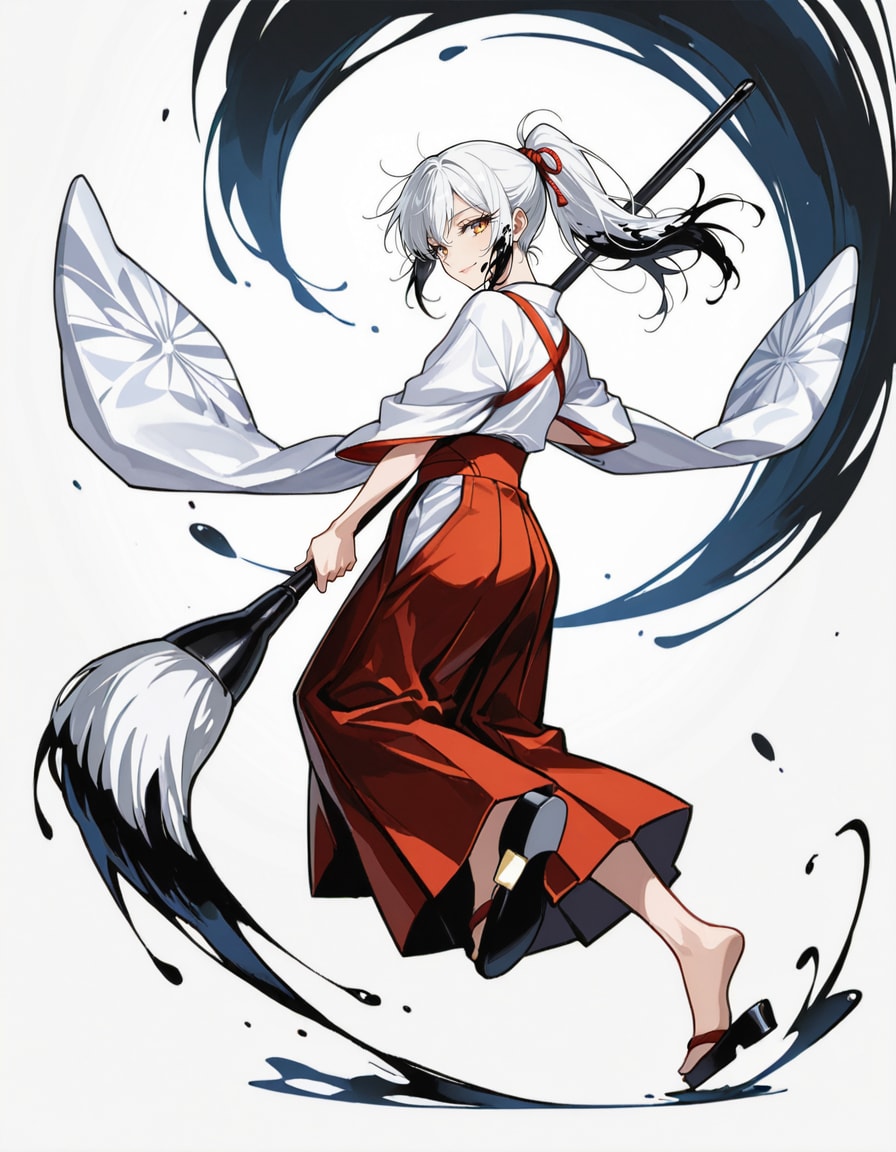 巨大な筆を振るう小柄な書道家 | の人気AIイラスト・グラビア