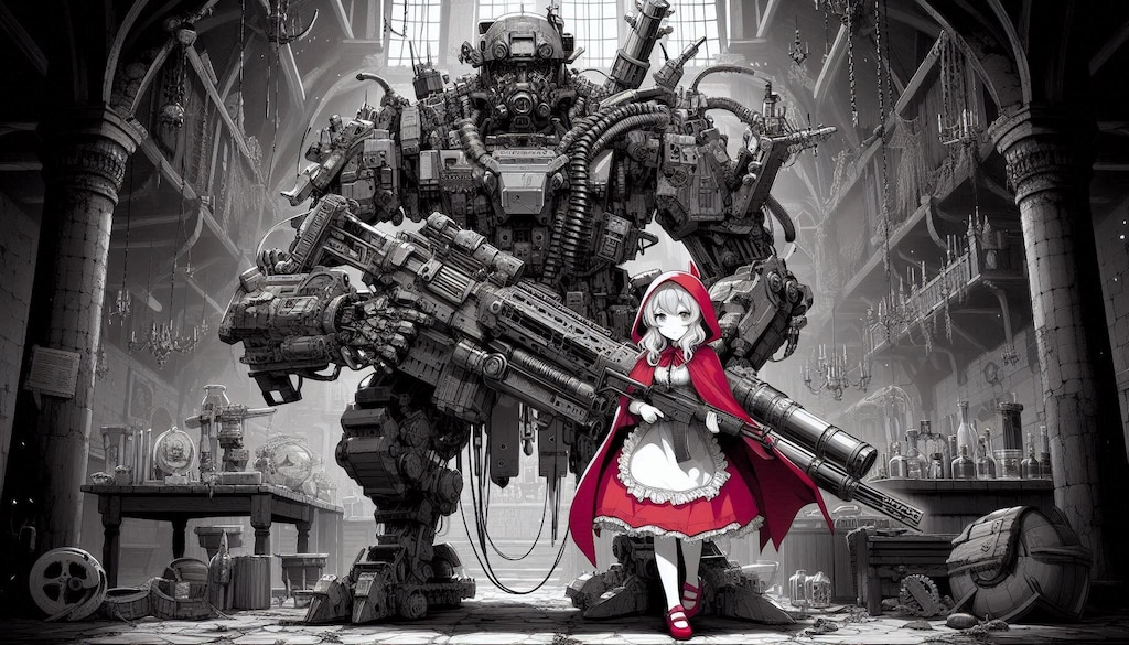 オオカミさんを一瞬で蜂の巣にしそうな💦高火力を有した赤ずきんちゃん♪（DALLE-E3生成）
