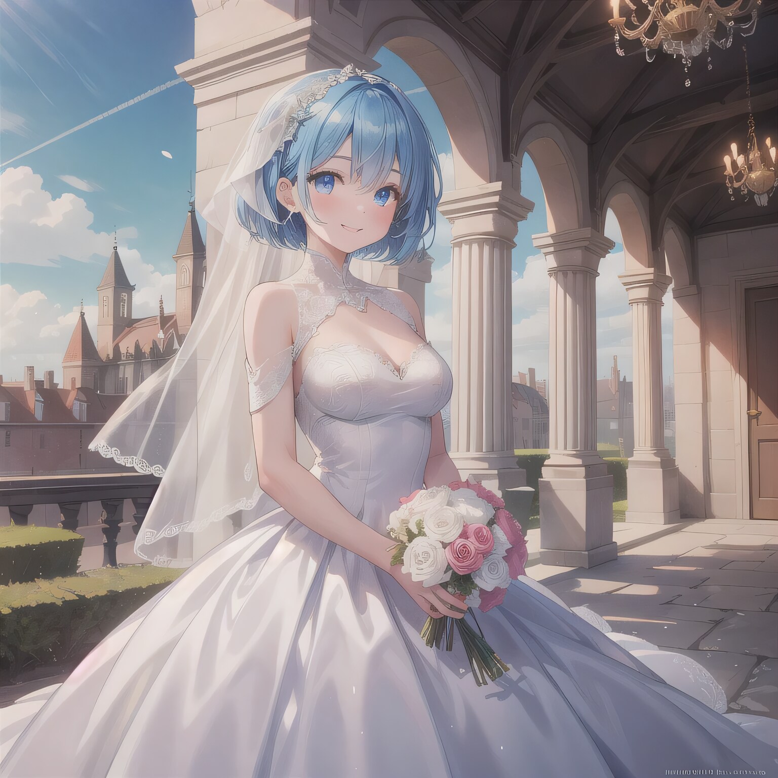 青髪ボブでウェディングドレスの少女２ | の人気AIイラスト・グラビア