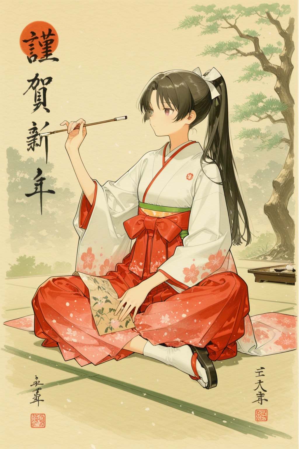 「和弓を構える弓道女子」