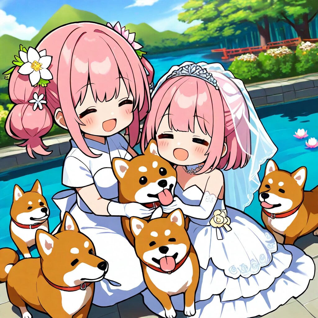 柴犬とピンク髪の花嫁ちゃん