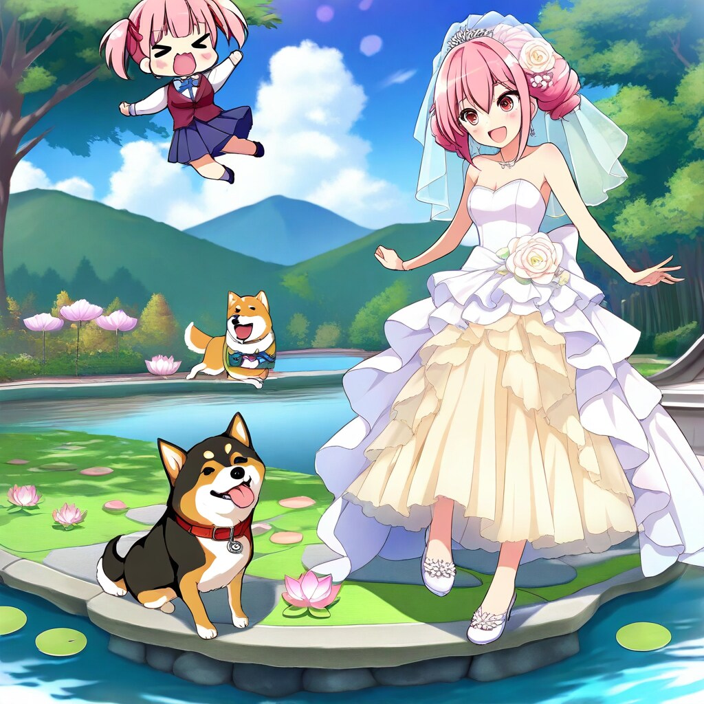 柴犬とピンク髪の花嫁ちゃん