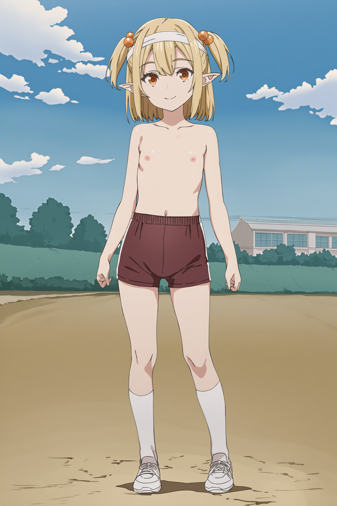 上半身裸+体操着の短パンのエルフさん