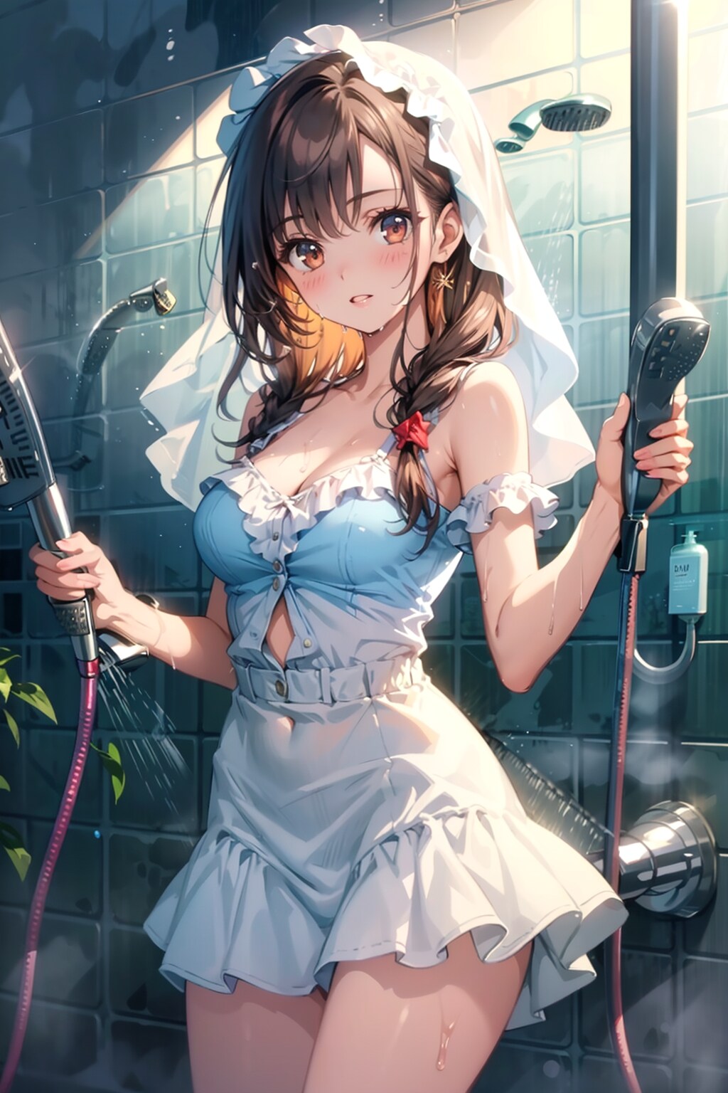 服の上からシャワーを浴びようとしている女の子