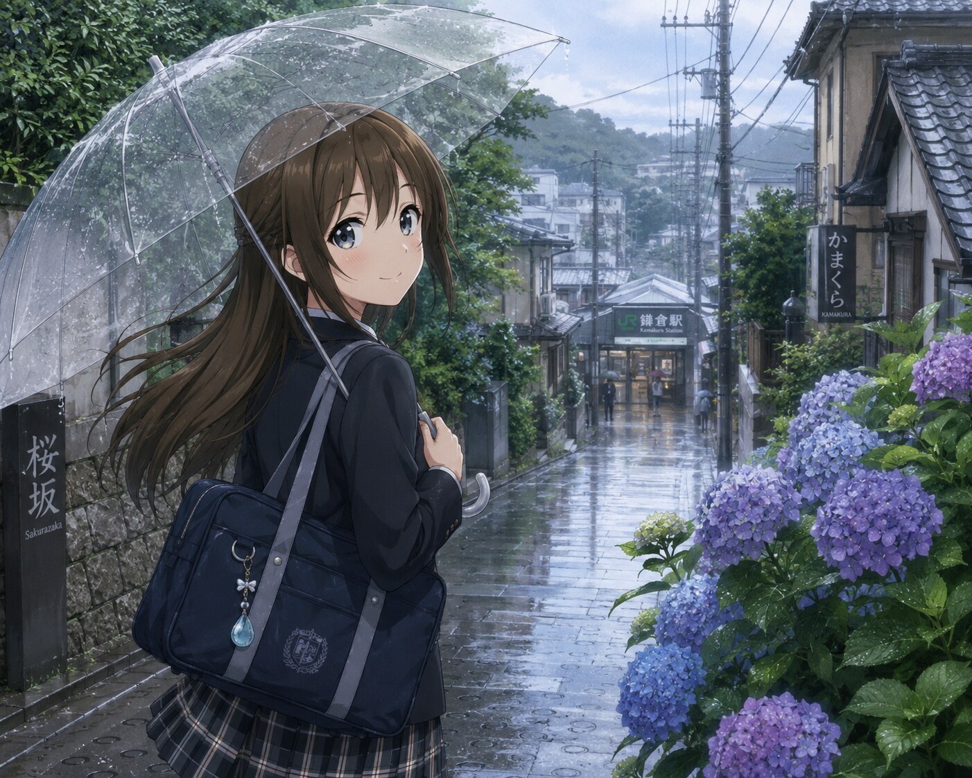 梅雨の鎌倉を登校のため駅まで歩く桜坂しずく