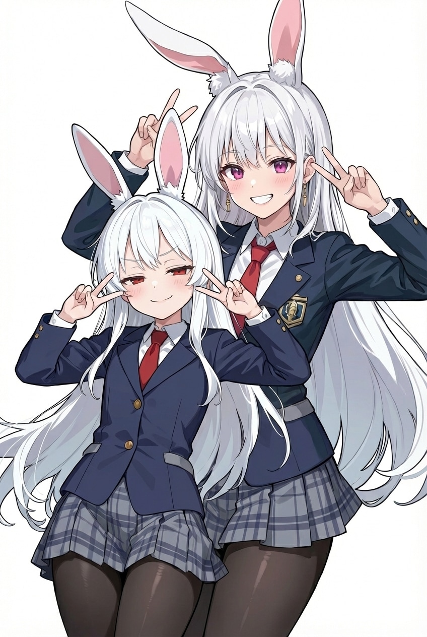 【コラボ】cyan motoさんのアイコンの「うさぎちゃん」と、うちの子「兎耳学園のみみちゃん」Wピース✌️🐰🐰✌️ | の人気AIイラスト・グラビア