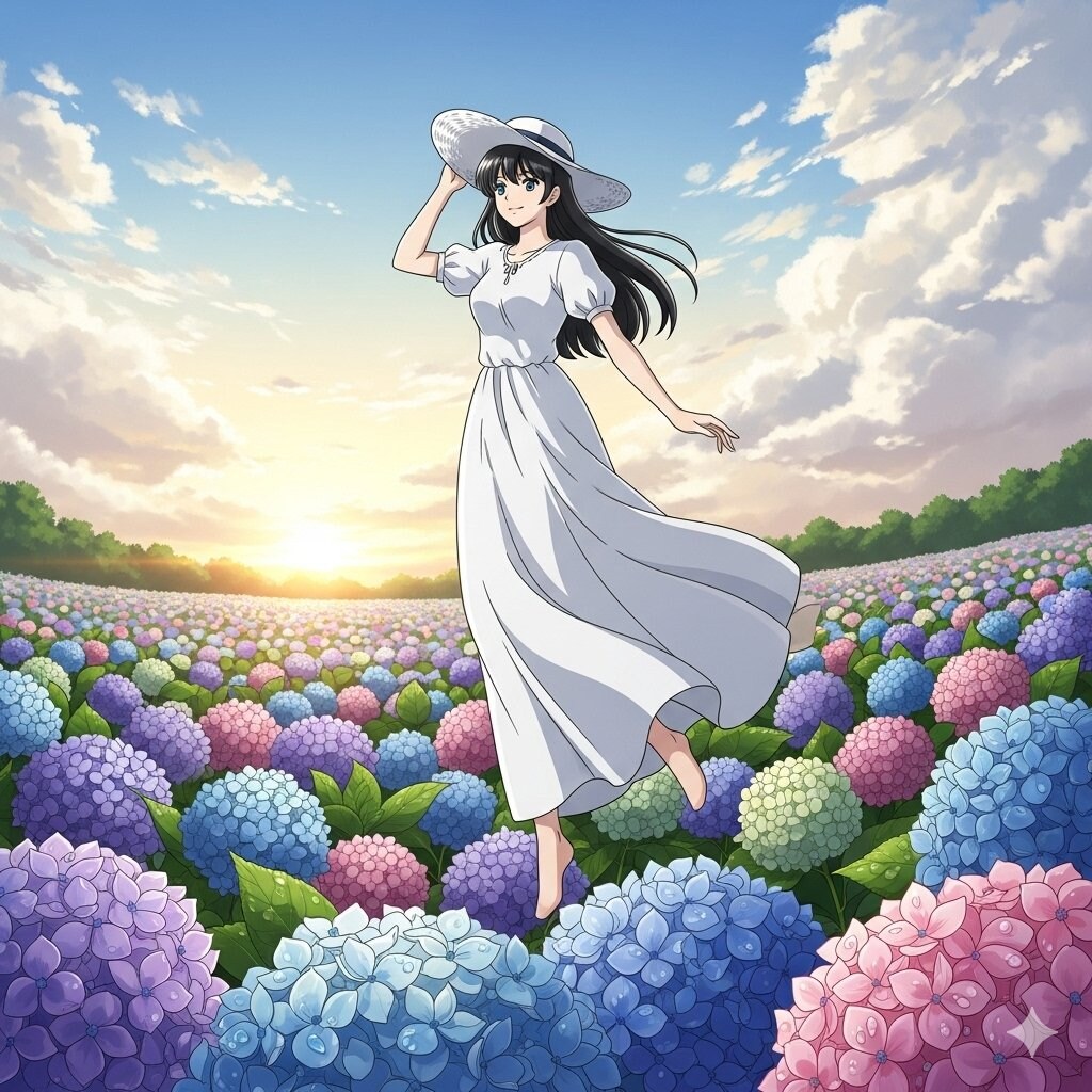 八尺様、朝焼けの紫陽花畑でジャンプ