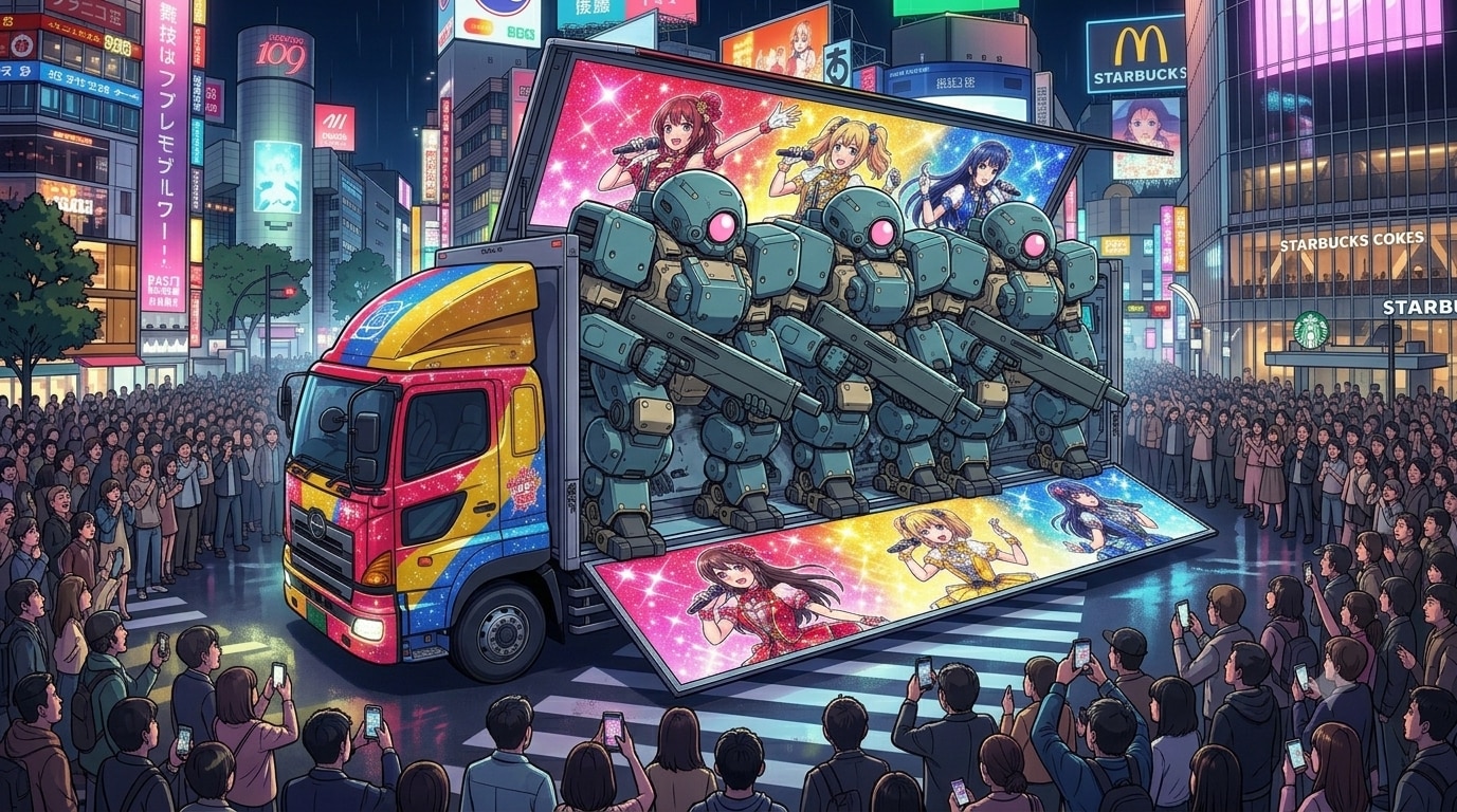 偽装アドトラック、「状況開始！」＆ロボットフィギア　＜NanoBanana2、素材イラスト編集　習作＞