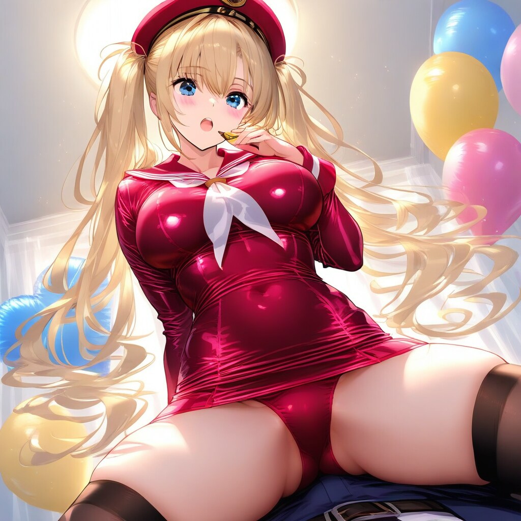 広い部屋の中で色とりどりの風船を膨らませて遊ぶブロンドロングのセーラー服の美女