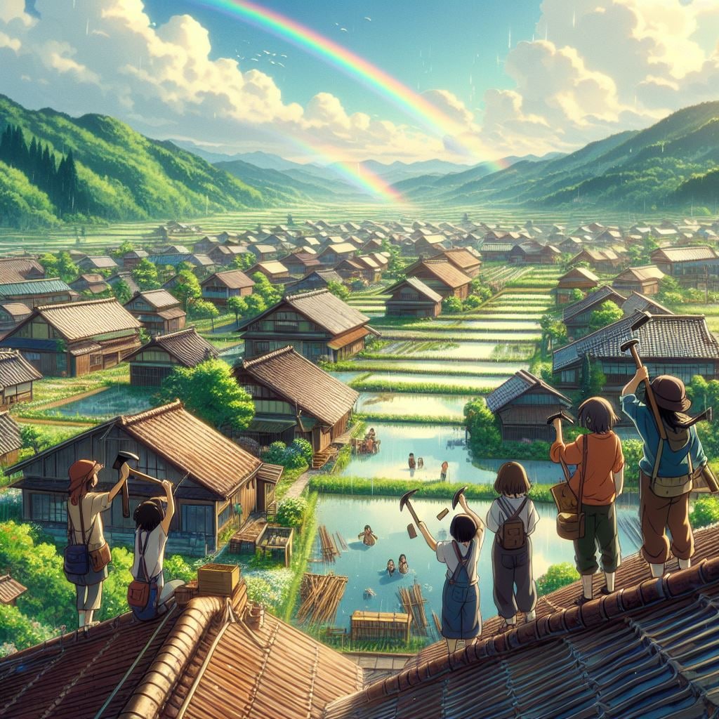 五月雨の晴れ間や屋根を治す音