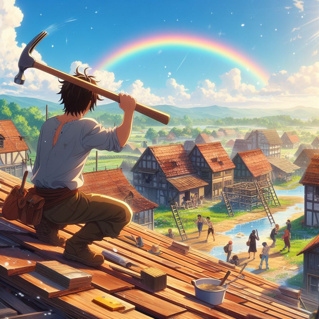 五月雨の晴れ間や屋根を治す音