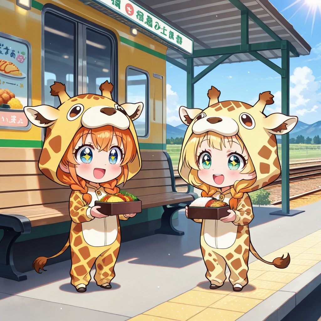 駅弁を手に駅のホームに立つキリン着ぐるみちび子ちゃん | の人気AIイラスト・グラビア
