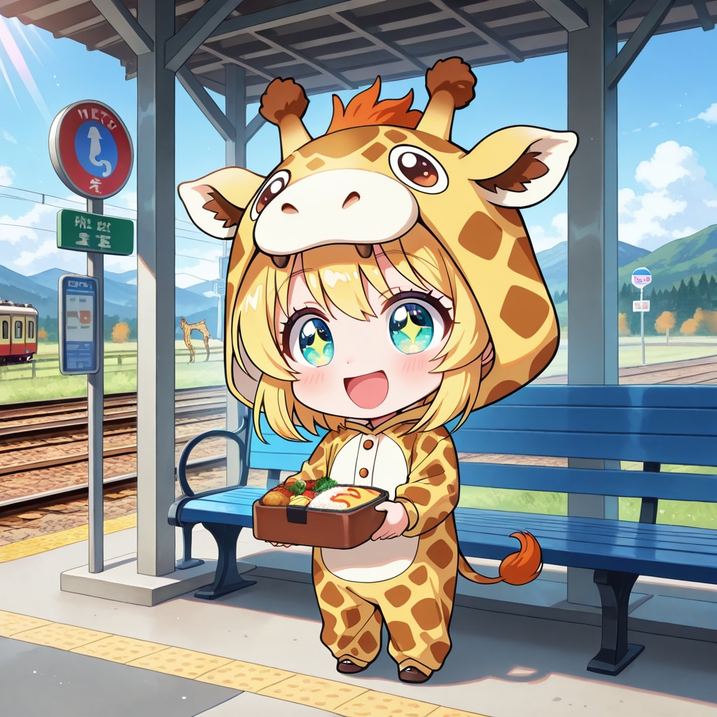 駅弁を手に駅のホームに立つキリン着ぐるみちび子ちゃん