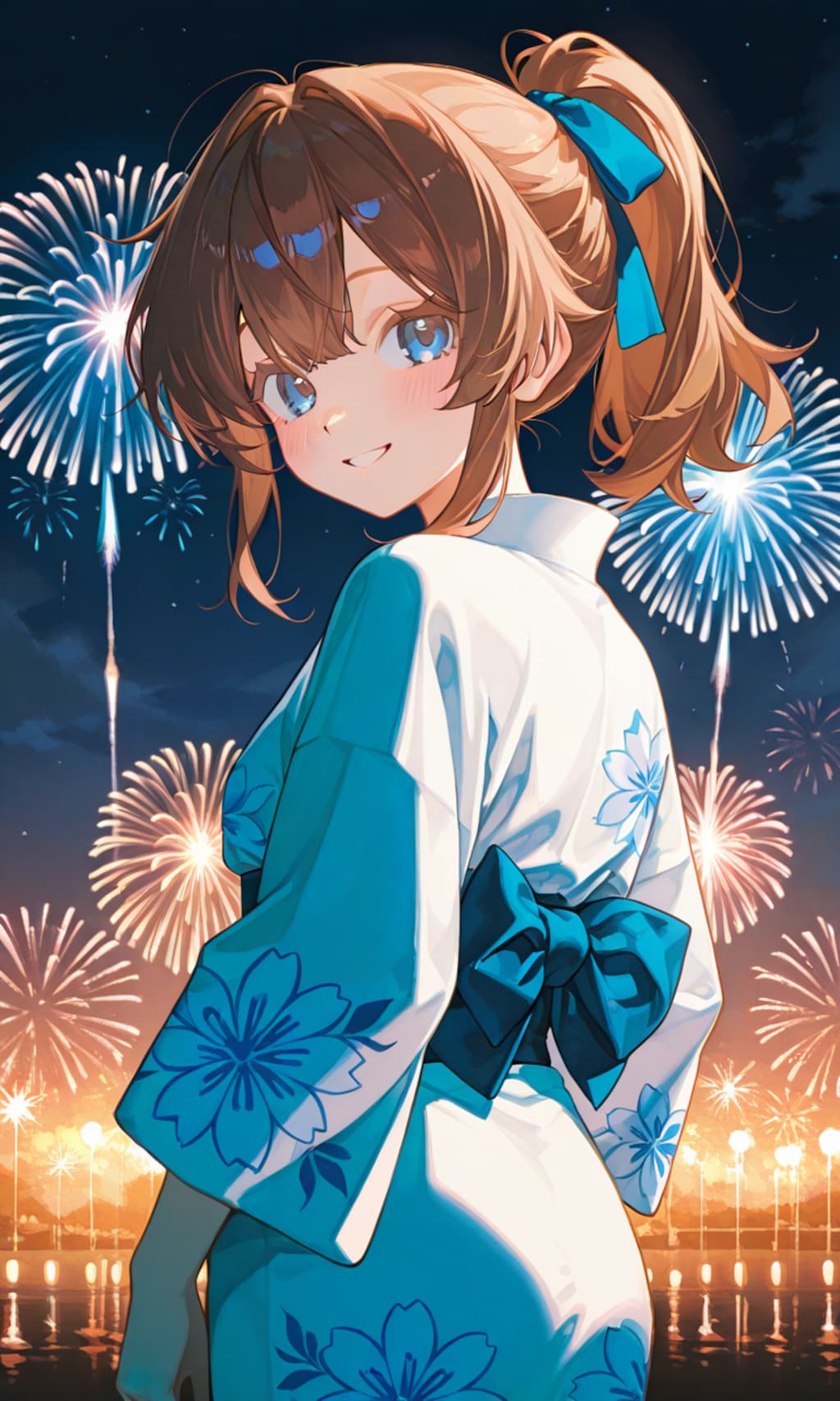 看板娘達と花火を見る