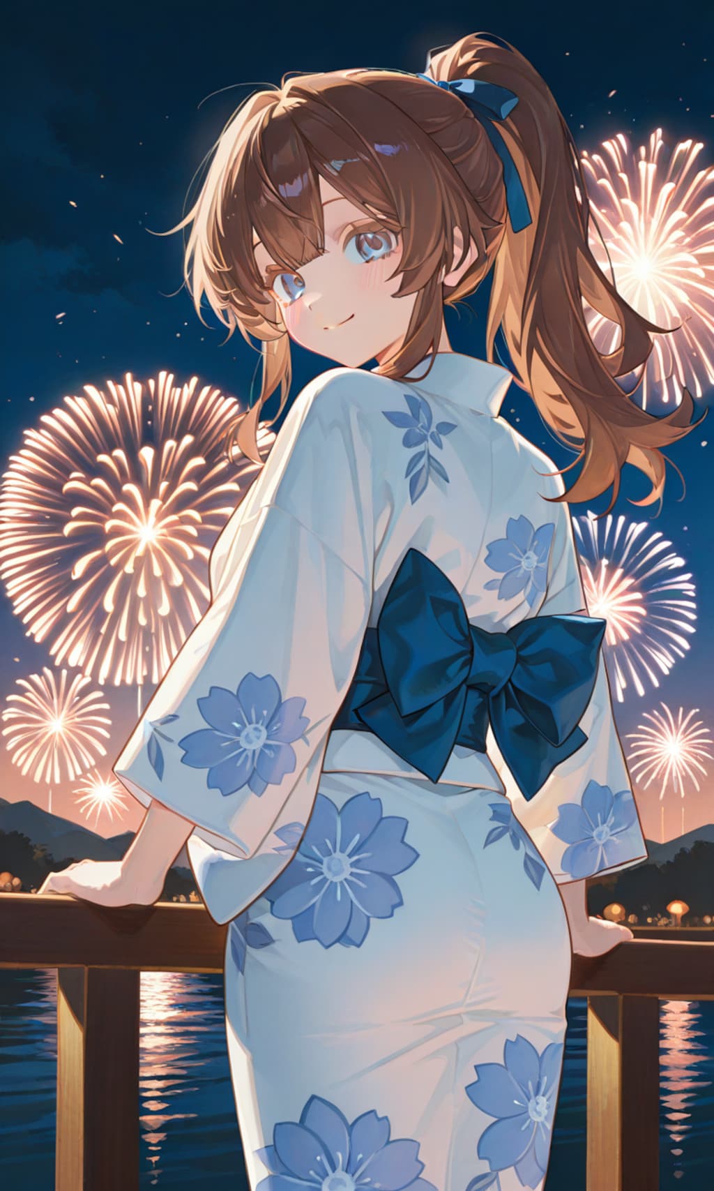 看板娘達と花火を見る