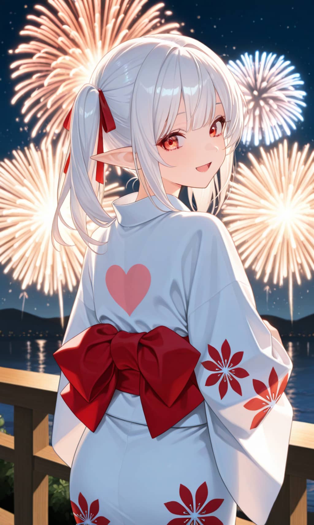 看板娘達と花火を見る