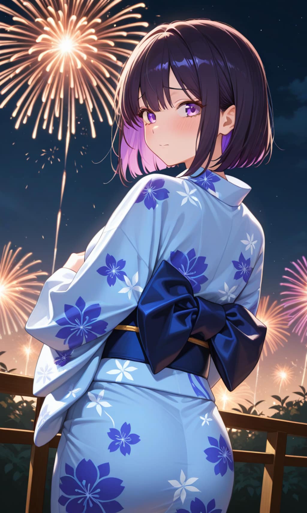 看板娘達と花火を見る