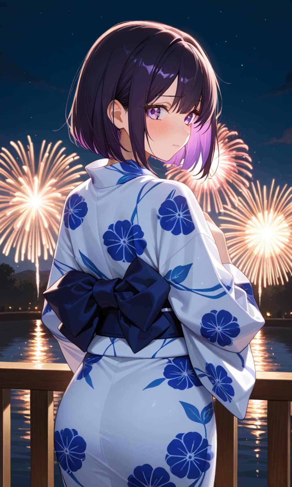 看板娘達と花火を見る