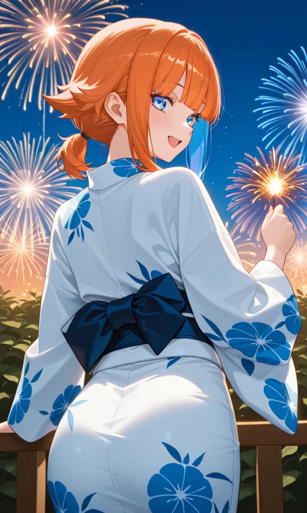 看板娘達と花火を見る