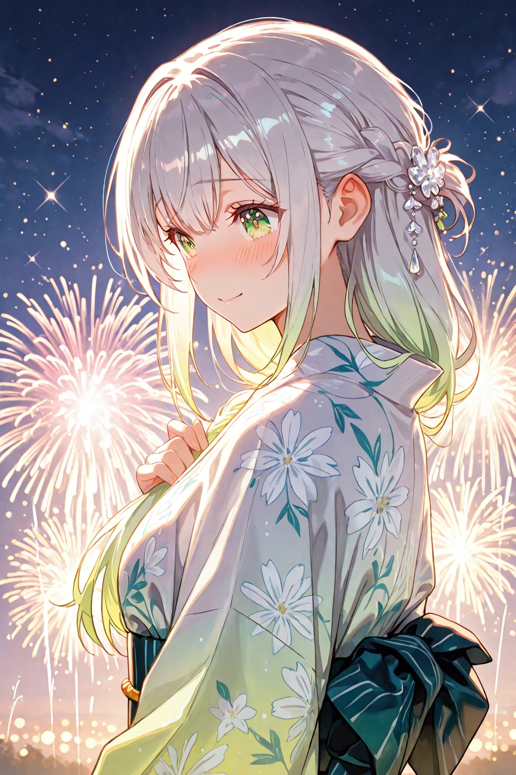 看板娘達と花火を見る