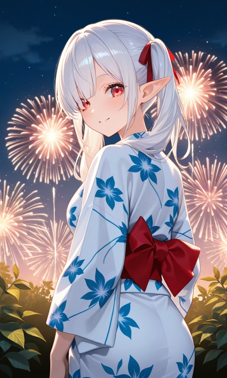 看板娘達と花火を見る