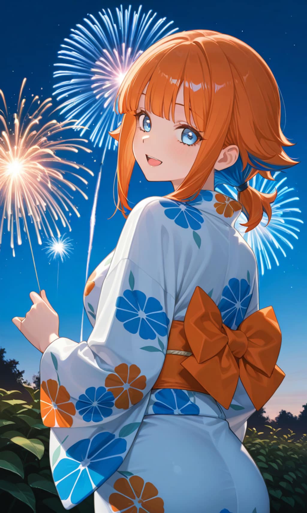 看板娘達と花火を見る