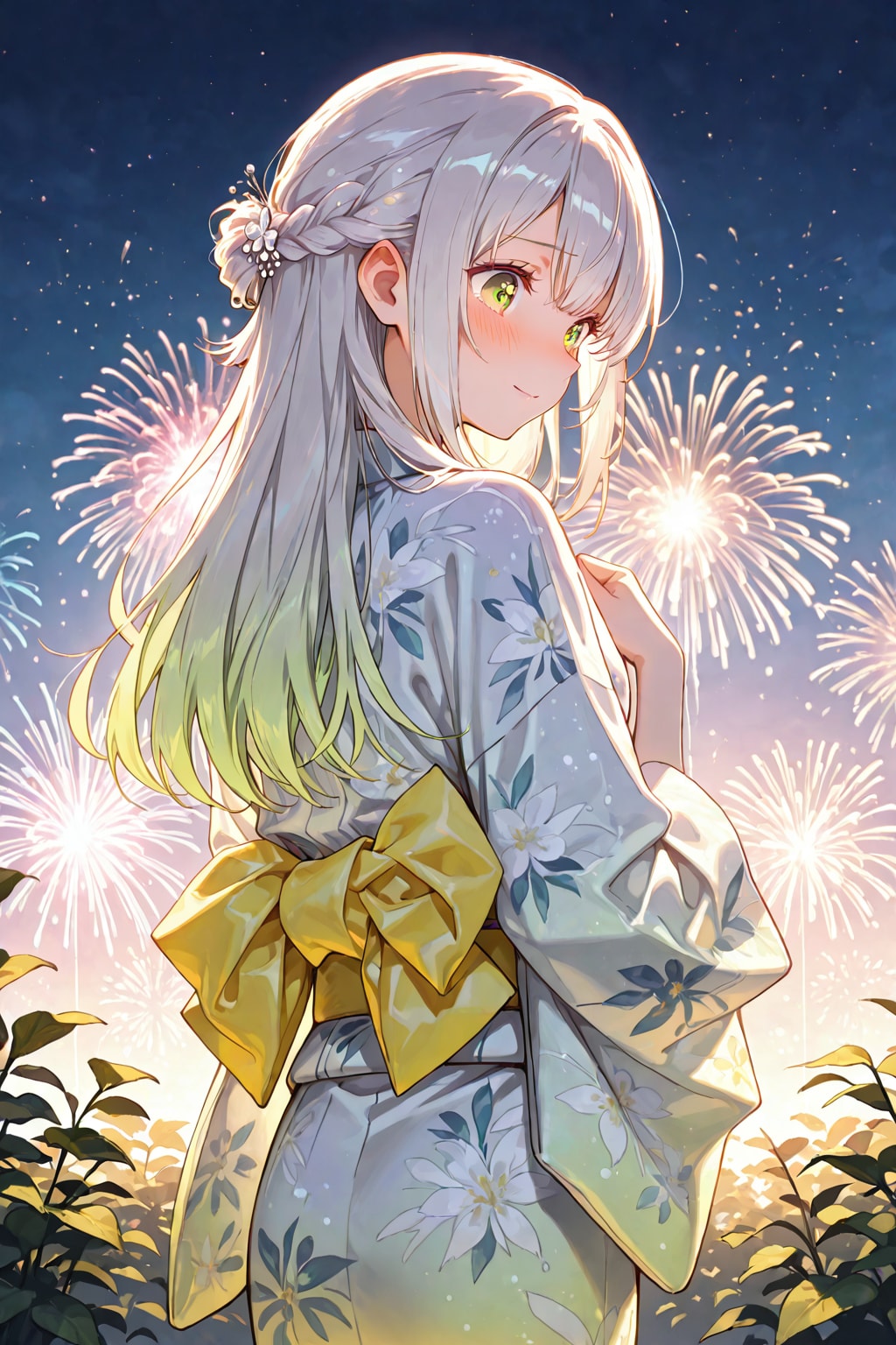 看板娘達と花火を見る