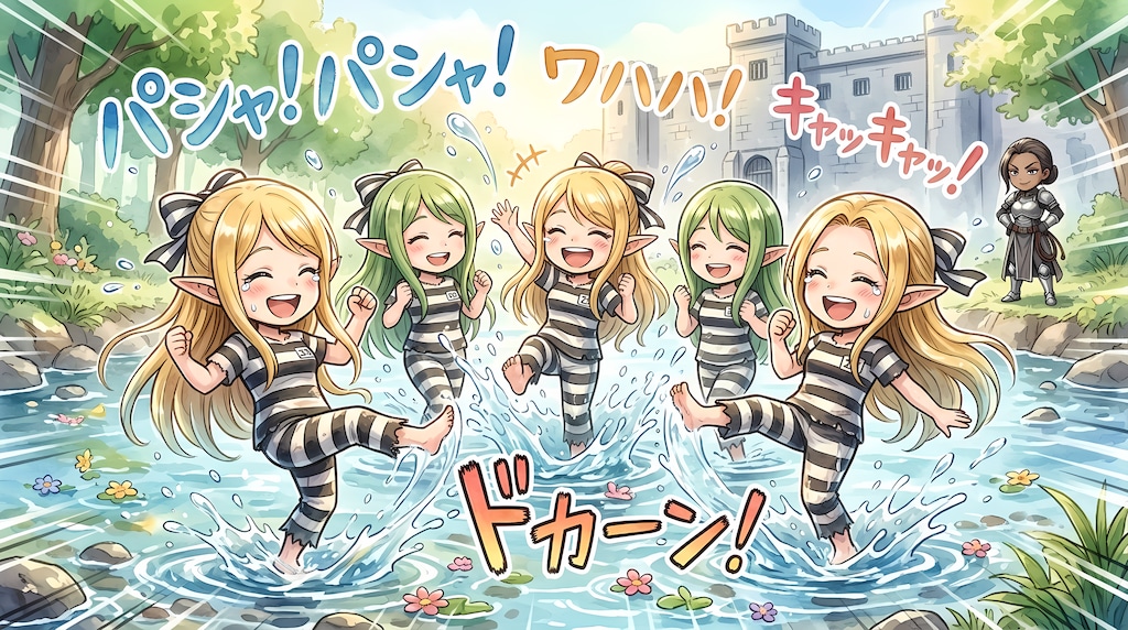 【サマーバ刑ション２】エルフ女子刑務所、今日は特別に川遊びを許可するって（水彩画風）