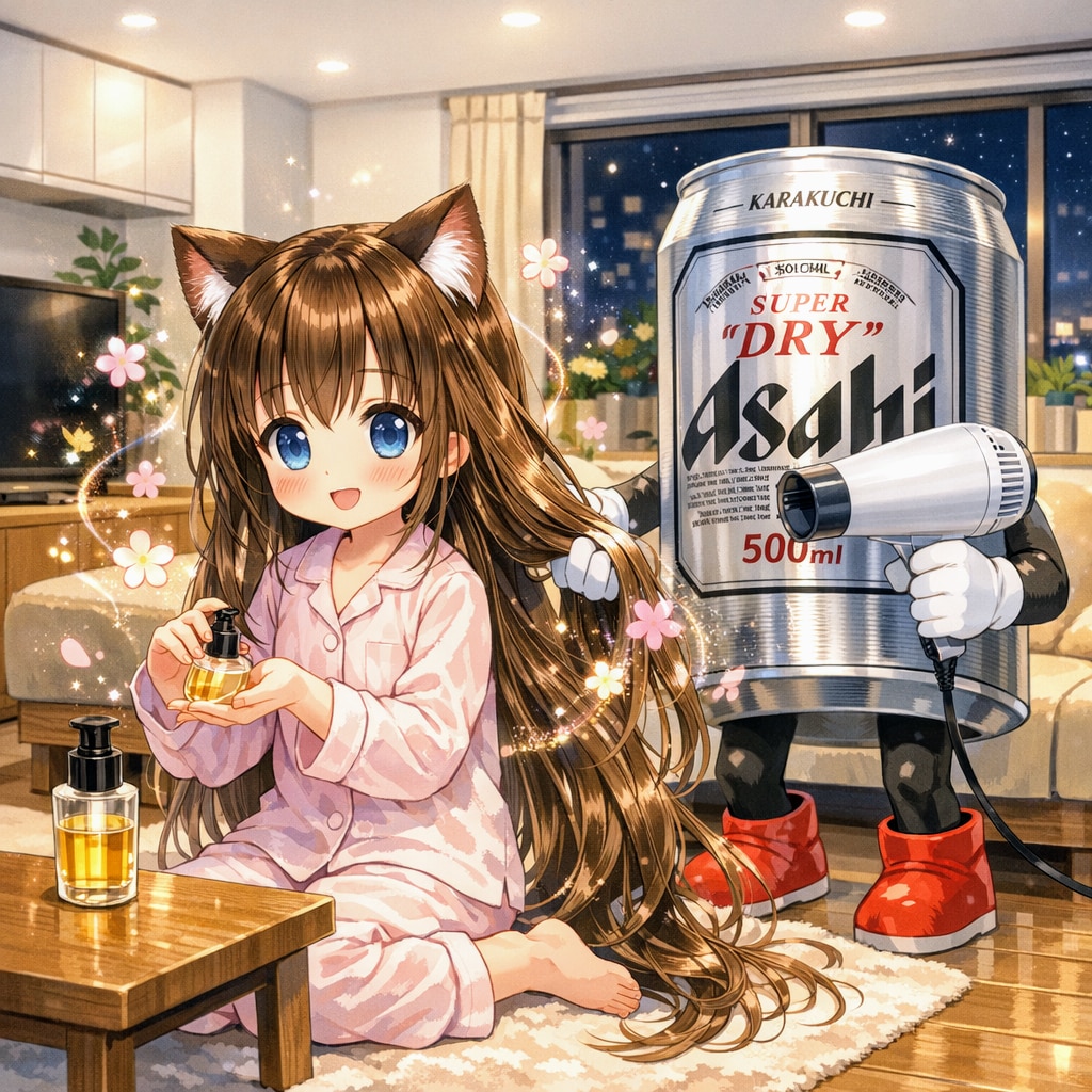 ヘアオイルを塗る小さな女の子