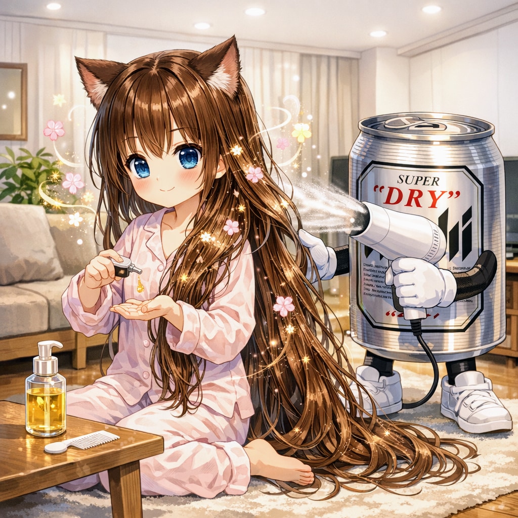 ヘアオイルを塗る小さな女の子